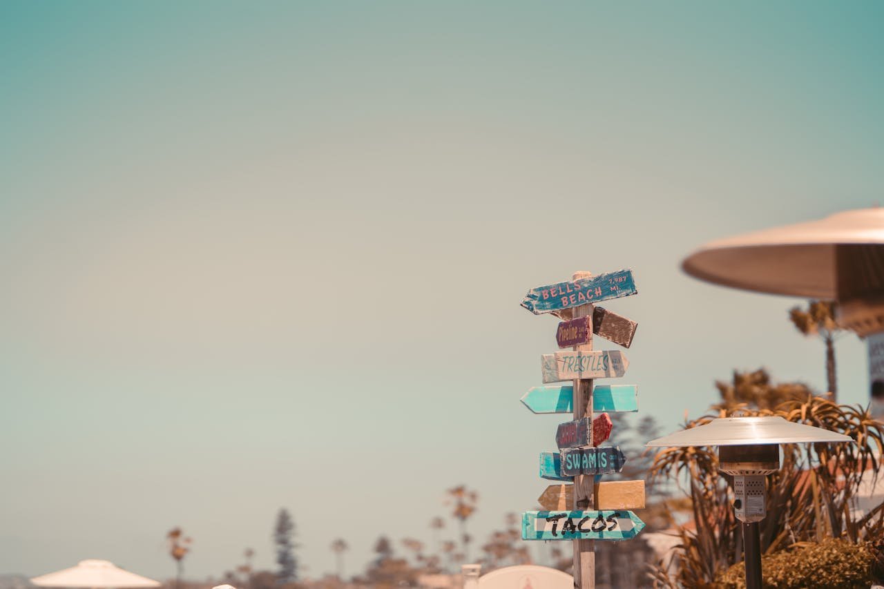 Home Colorful signpost with beach directions under a clear summer sky in Coronado, CA